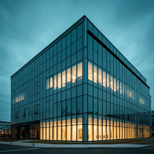 Modern minimal office building architecture with glass facade reflecting a dark blue sky at dusk